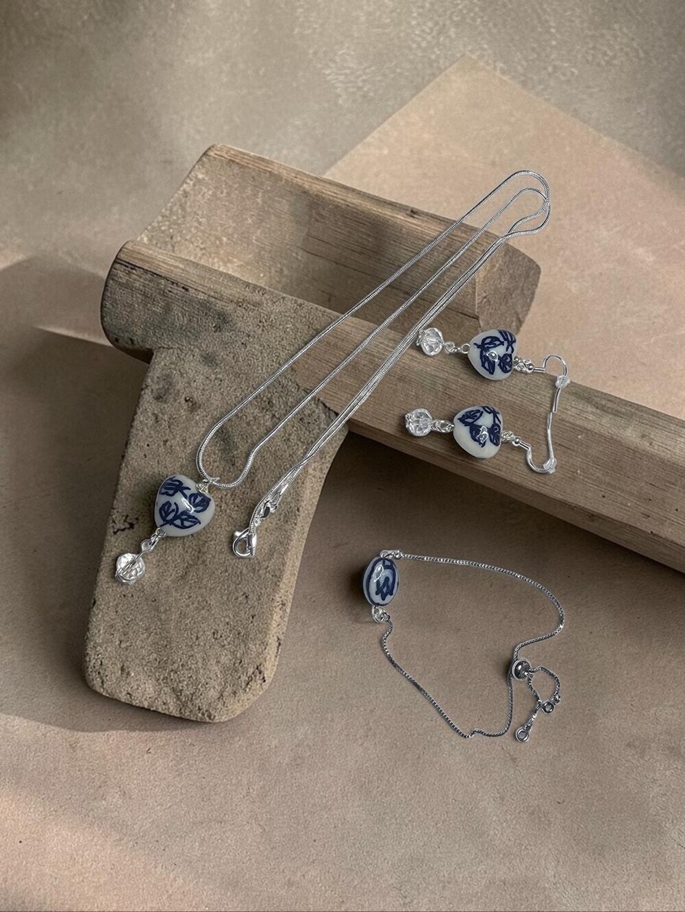Sterling Silver Blue & White Porcelain Necklace and Earring Set